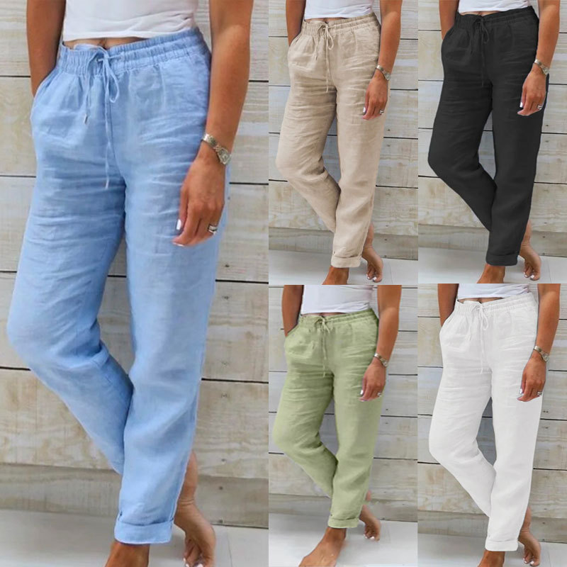 2024 cross-border independent station wish AliExpress summer elastic waist solid color cotton and linen wide leg pants loose trousers women's clothing
