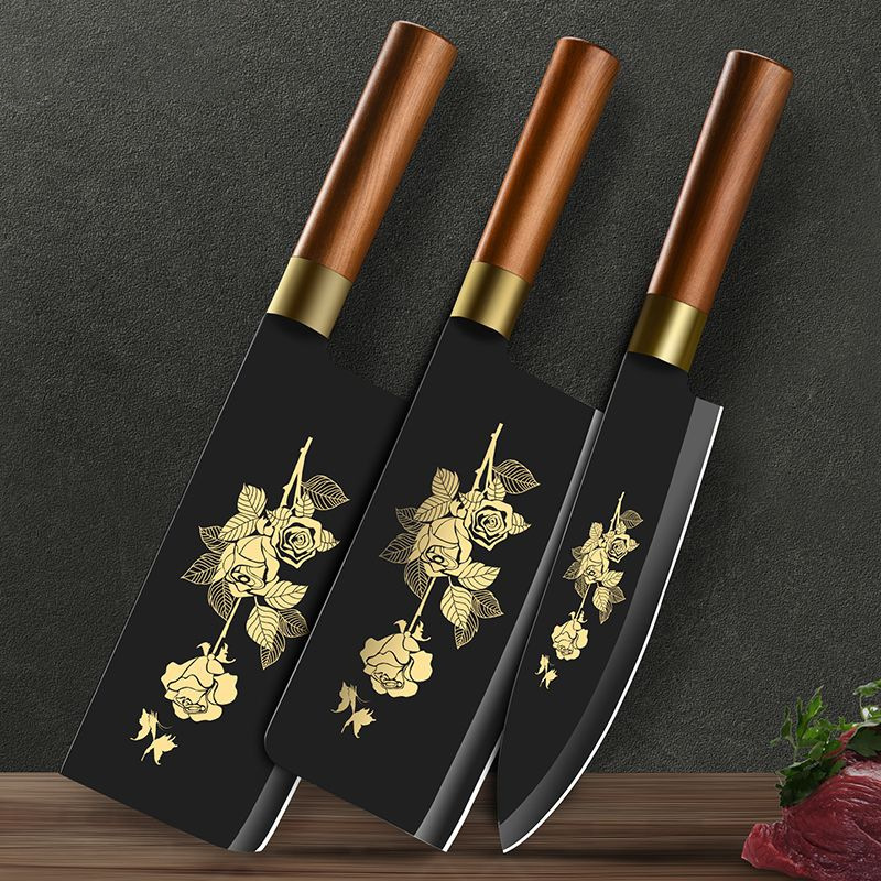 Kit de cuchillos de acero negro, conjunto completo de utensilios de cocina de acero inoxidable, cortador de verduras, cortador de huesos