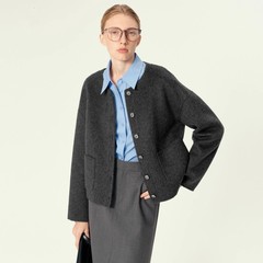 伊*L女装2025冬季新款气质百搭灰色绵羊毛毛呢短外套1FA270101
