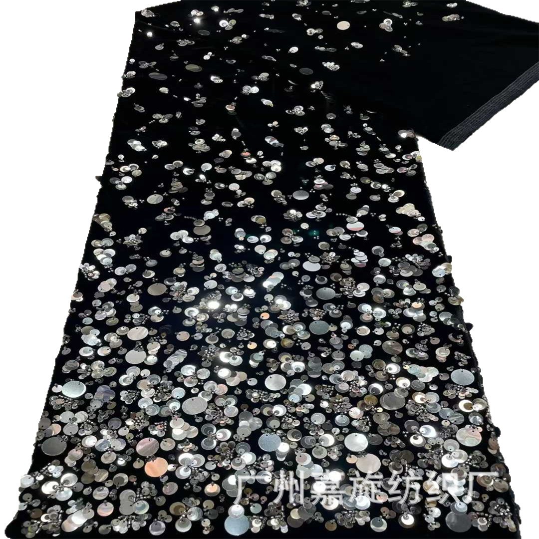 Otoño y invierno 5 + 7 + 9mm lentejas tubo de perlas tela de terciopelo europea y americana falda larga vestido cheongsam vestido de boda tela