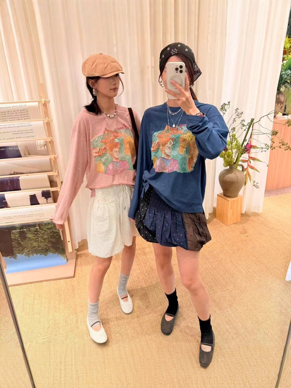 现货2025秋季新品复古手绘涂鸦罩衫长袖t恤女透气小众设计感上衣|undefined