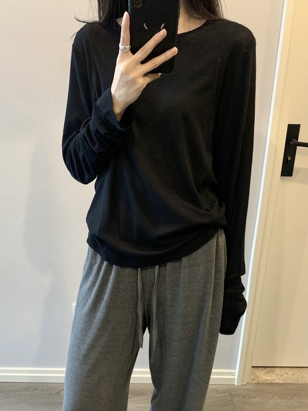 天丝针织衫圆领长袖女薄款宽松显瘦针织打底衫长袖休闲G1458|undefined