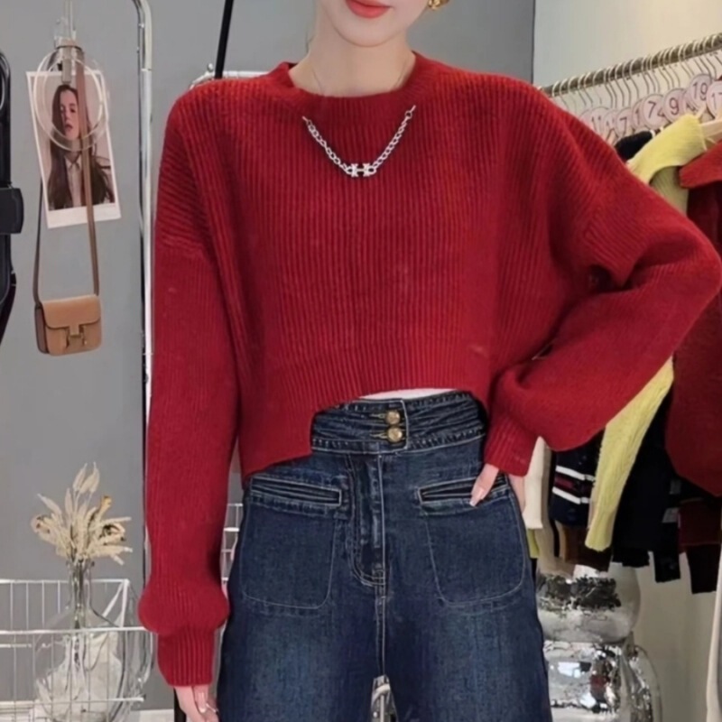 2023 autumn and winter New Korean style chic design irregular hem sweater solid color pullover sweater top for women