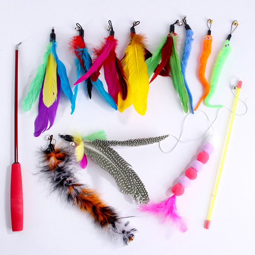 Manufacturer Pet Cat Toy 12-piece Set Colorful Cat Funny Stick Feather Telescopic Fishing Rod Combination Set Wholesale