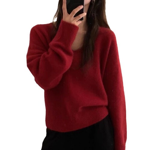 YUNSHU仿浣熊软糯V领针织衫内搭女秋冬宽松慵懒毛衣套头打底上衣