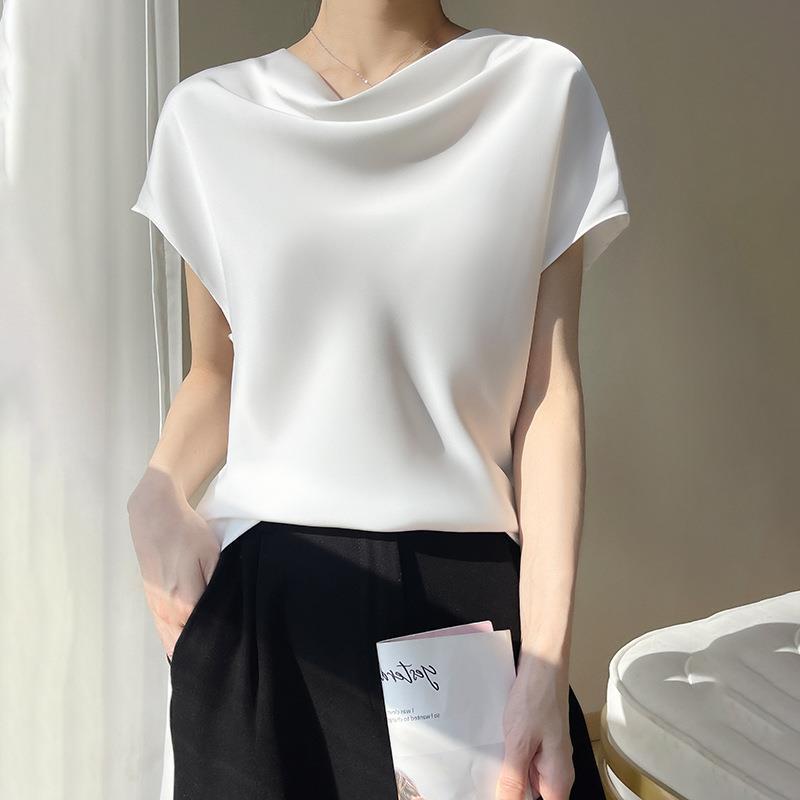Cross-Border 2025 New Summer Women's Clothing Pile Collar Short-Sleeved T-Shirt Camisole Women's Clothing Slimming Look Elegant Versatile