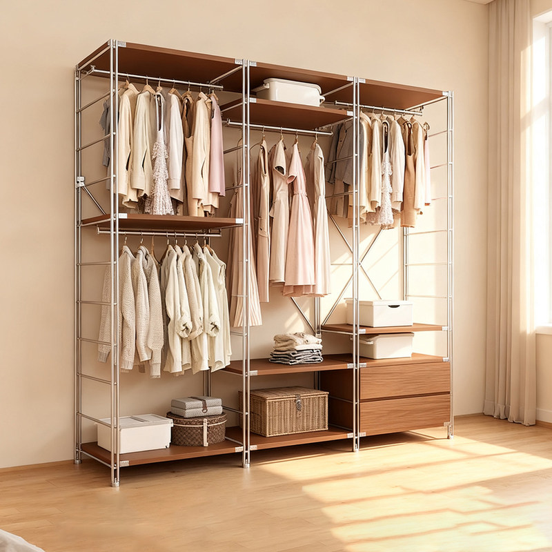 Japanese-Style Household Clothes Rack Wardrobe Clothes Storage Rack Open Floor-Standing Storage Coat Rack for Bedroom