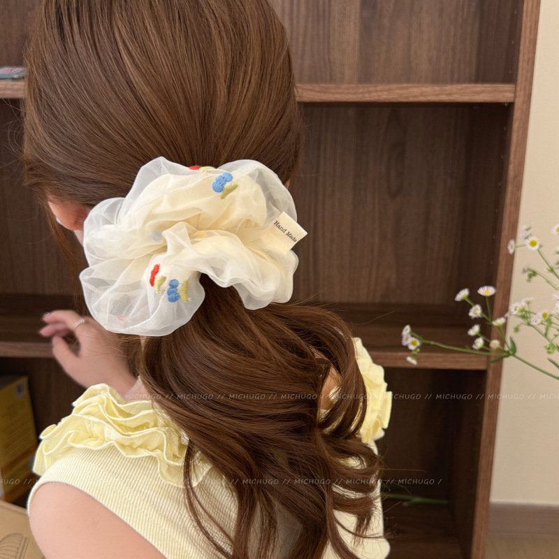 妖精のような甘いメッシュチェリーインテースヘアバンド女性の優しいヘアロープローポニーテールヘッドロープ新しいヘアアクセサリーゴムバンド|undefined