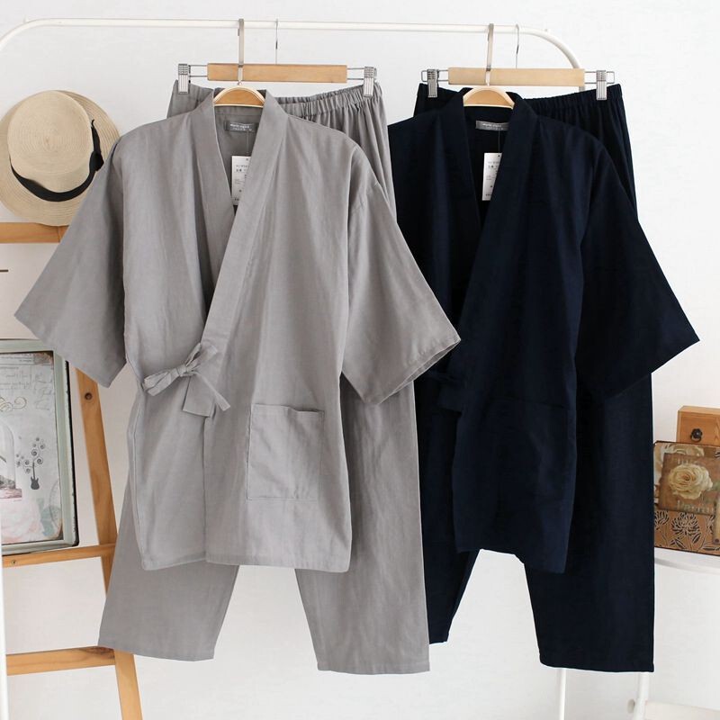 Wholesale spring and autumn Japanese-style kimono pajamas, Hanfu men's long pants, double-layer gauze cotton sauna home wear set Wholesale spring and autumn Japanese-style kimono pajamas, Hanfu men's long pants, double-layer gauze cotton sauna home wear set