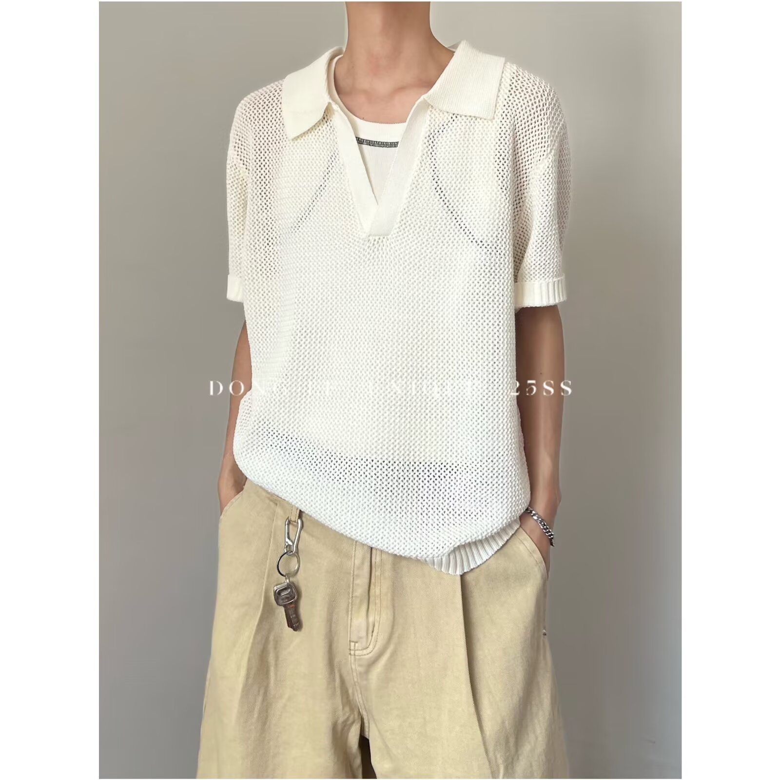 Cross-Border French V Neck Cut Out Polo Shirt Men's Summer Ins Casual Versatile Work Clothing Lazy Breathable Short-Sleeved Knitwear