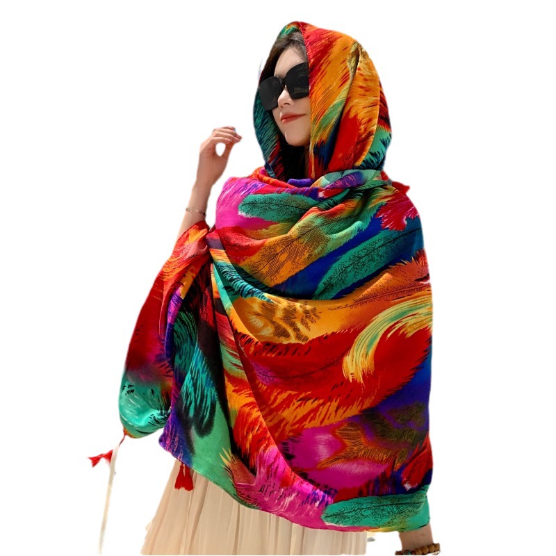 Strandtuch im ethnischen Stil für den Tourismus am Meer, bedruckter Seidenschal, Sonnenschutzschal, Schal aus Baumwolle und Leinen_voghion.com