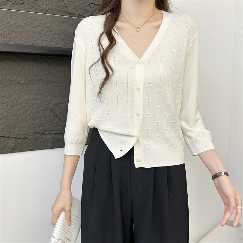 新款夏季镂空V领外搭冰丝针织开衫女小披肩长袖防晒空调衫外套潮