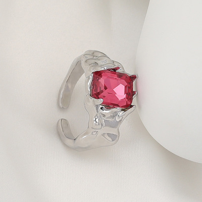 小衆設計 石榴紅色锆石彩色不規則紋路手鑲可調節開口 高級感戒指