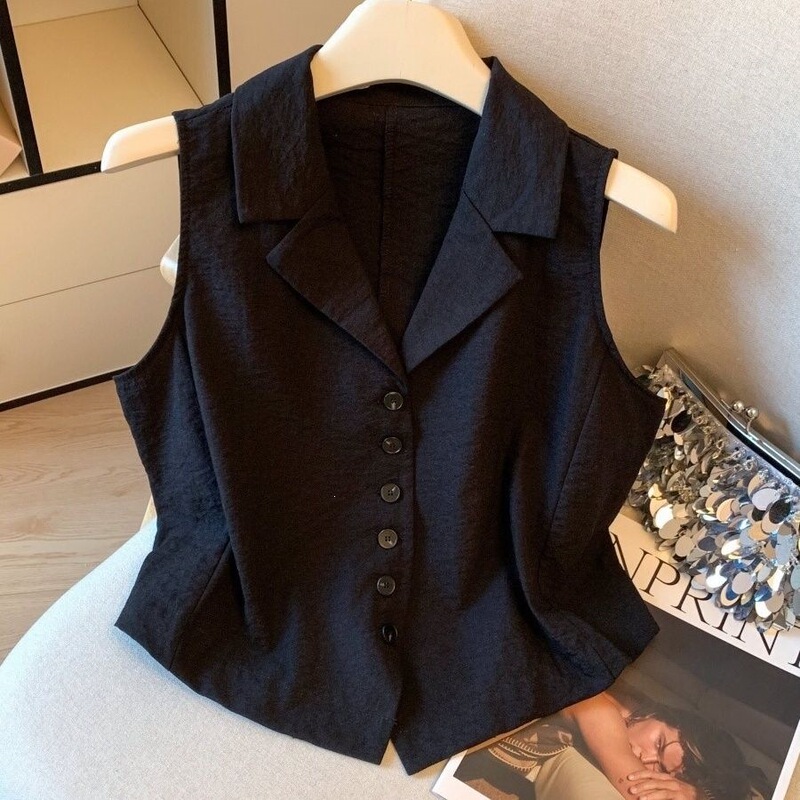 Recommended for Personal Collection~ Old Money Style Single-Breasted Lapel Vest Top, New Summer Style, Simple and Versatile Short Shirt for Women