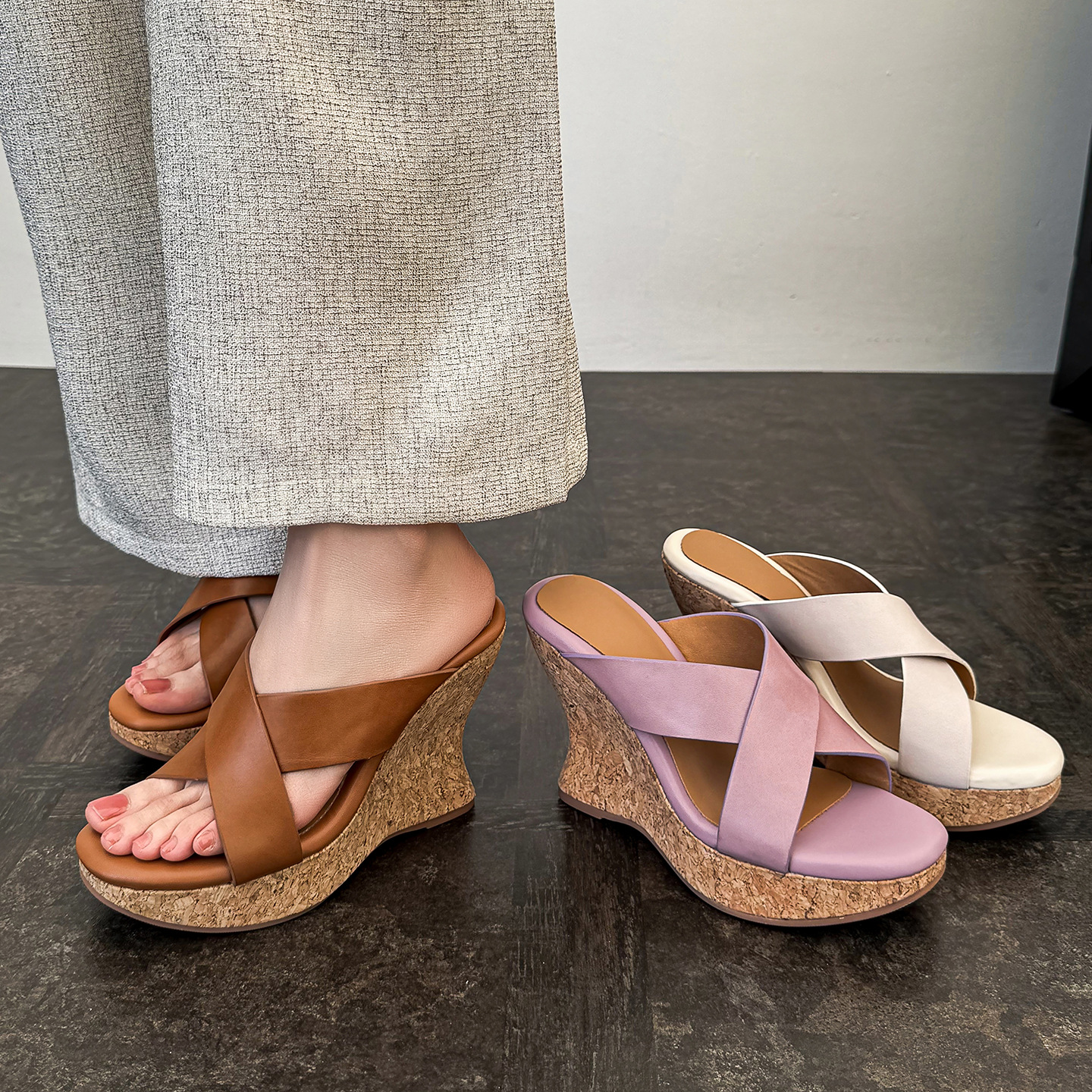 Sandal cao gót nữ quai chéo hở mũi đế xuồng tăng chiều cao — màu nâu, Hồng tím, màu trắng ngà