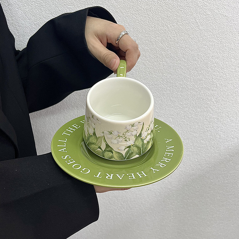 复古油画铃兰花咖啡杯碟套装轻奢陶瓷杯子小众拿铁杯下午茶花茶杯|undefined