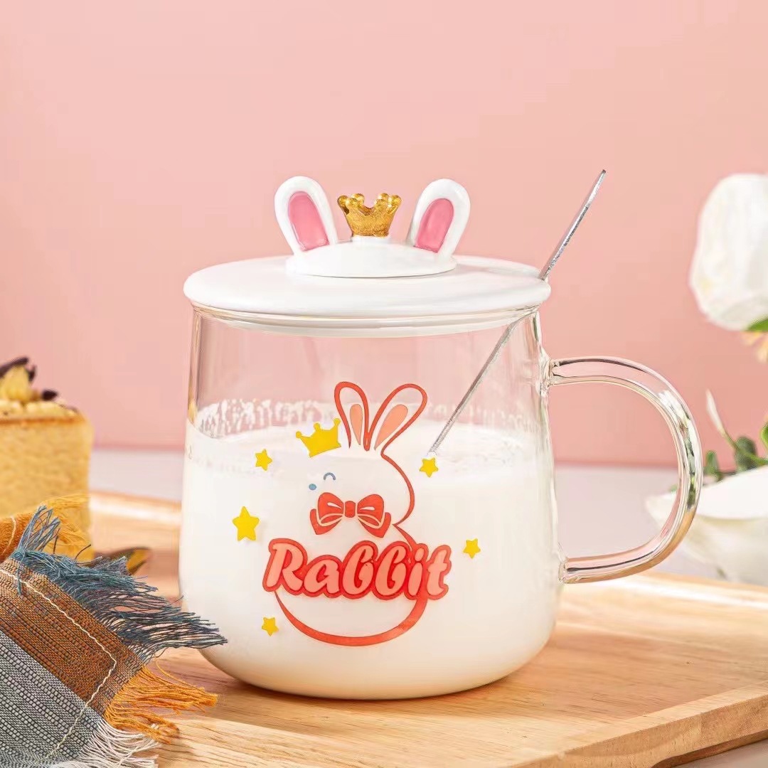 Creativo lindo corona conejo de dibujos animados taza de cristal con tapa cuchara regalo personalizado taza de agua chica corazón estudiante taza