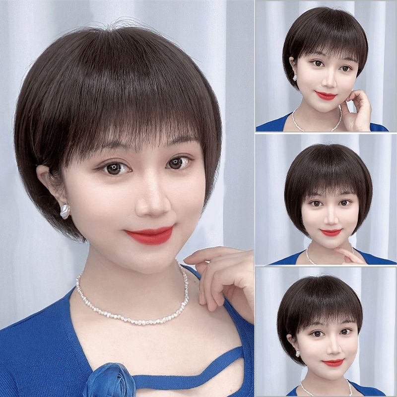 Wig for Women, Full Head Cover, Short Bob Style, for Middle-Aged Mothers, Realistic Human Hair, Natural and Lifelike, Face-Slimming, Age-Reducing, Washable