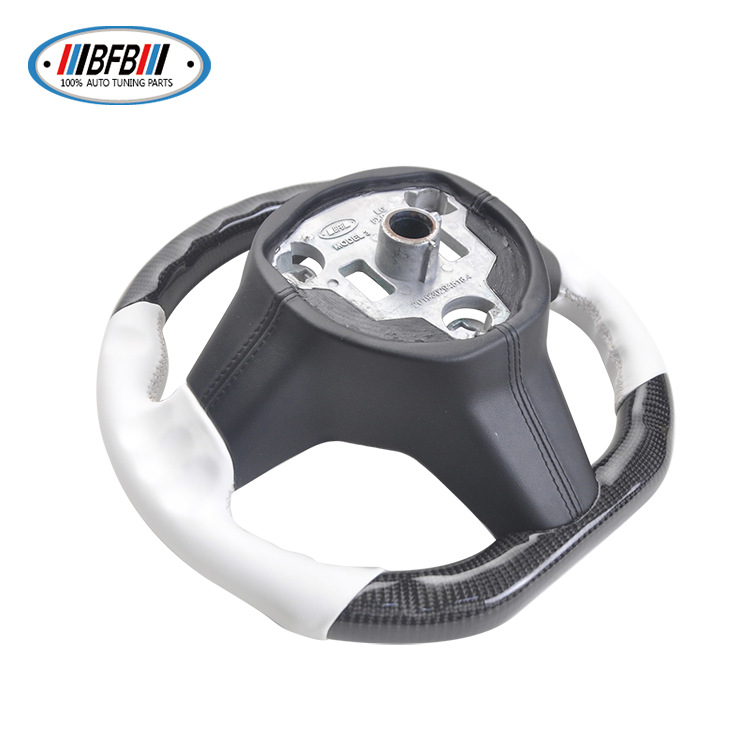 100% Real Carbon Fiber Forged Steering Wheel with White Leather and White Stitching - For Tesla Model Y - Modification