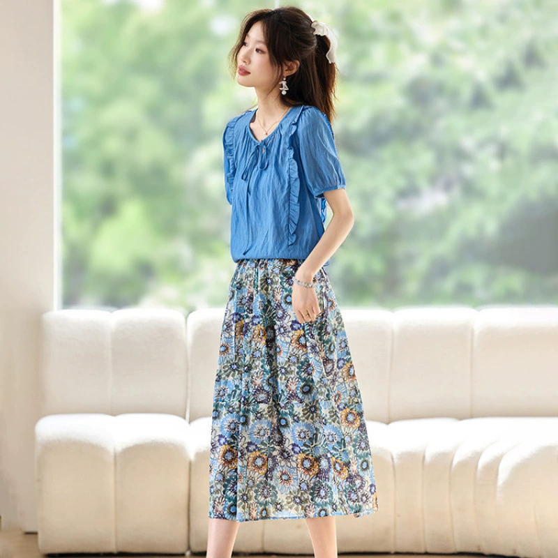 Летняя юбка 2025 года в стиле французской литературной пастораль, с принтом масляной живописи роз, из ткани с ретро-принтом, миди-длина, А-силуэт