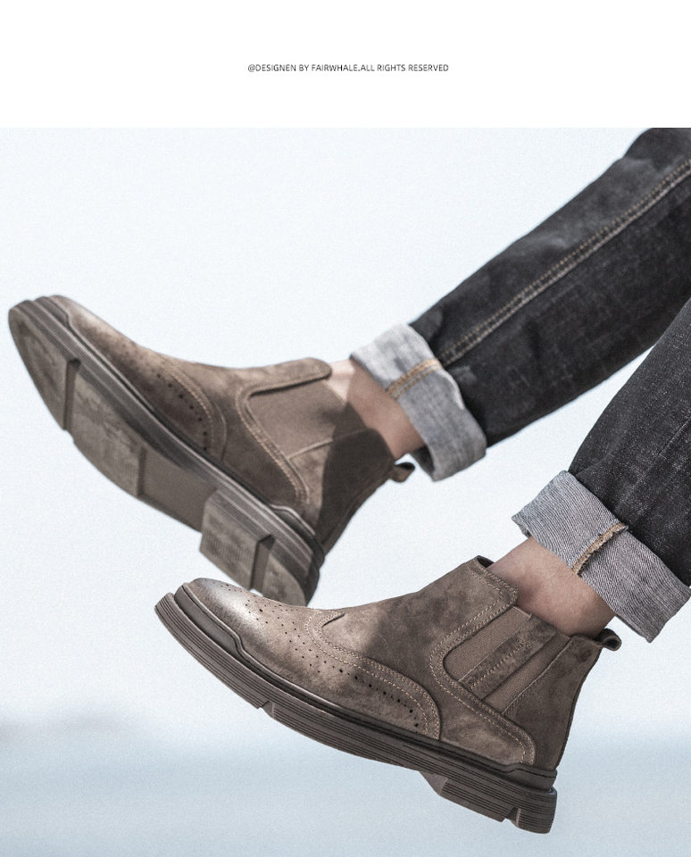 Bốt Martin nam da thật cổ thấp gót vuông 1-3 cm, bốt Chelsea lót nhung giữ ấm — 79722-R lót lông màu nâu, Màu nâu 79722 chi tiết 16