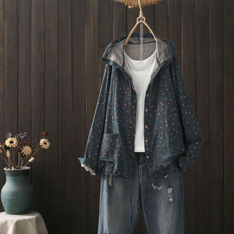 Artistic floral print hooded cotton gauze shirt jacket for women, 2026 spring/summer new casual cardigan sun protection clothing Artistic floral print hooded cotton gauze shirt jacket for women, 2026 spring/summer new casual cardigan sun protection clothing