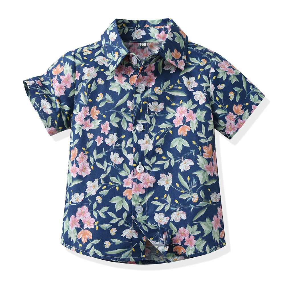 Camisas de comercio exterior para niños Cárdigan de solapa de flores de manga corta de verano 2025 para niños, tops de algodón casuales de todo fósforo, nueva ropa