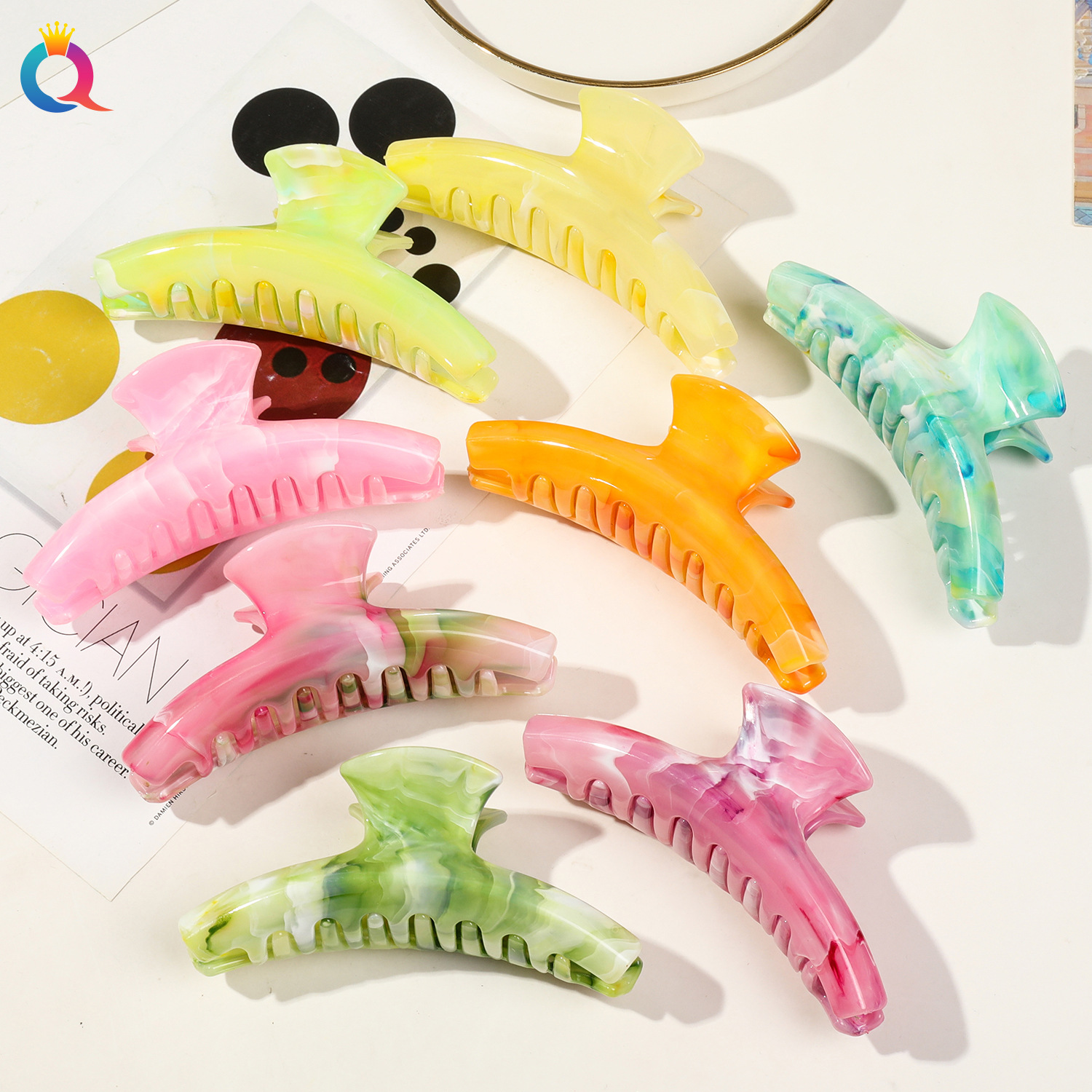 Qiyue Grenzüberschreitende neue bunte Pulvermarmor High-End Haarspange, koreanische Fischgrät-Haarspange Haarspange für die Rückseite des Kopfes Hai-Haarspange