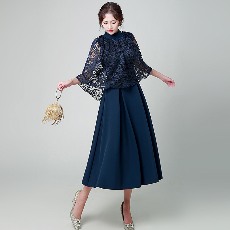 Vestido de noche estilo europeo para mujer, nuevo modelo 2026, azul marino, ropa informal, vestido largo elegante para reuniones anuales.