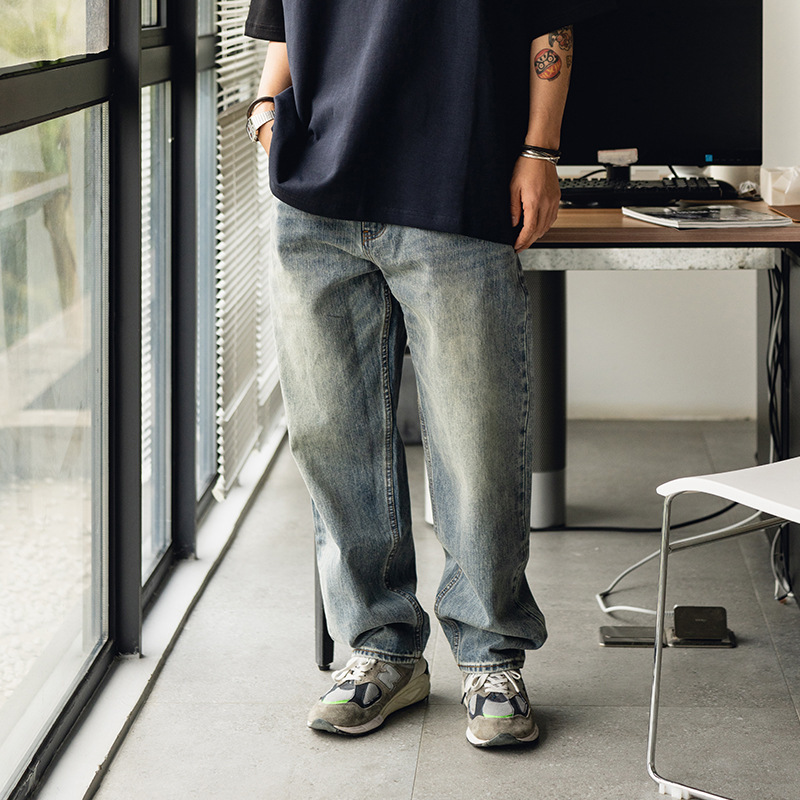 Trs Denim Series | Red-Edged Denim Loose Fit Deep Rise Heavy Wash Slightly Tapered Straight Basic Men's Jeans