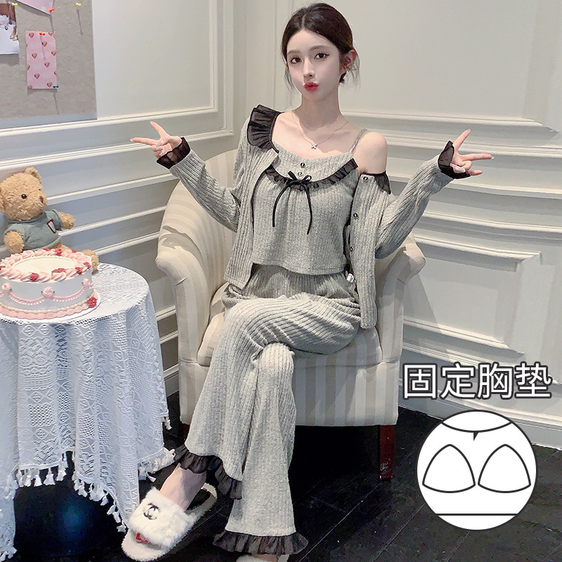 羊绒抓毛秋季睡衣女纯欲风ins风花边蝴蝶结三件套带胸垫女家居服|undefined