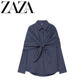 ZAZA 自制欧美风 批发女装 时尚百搭气质休闲设计款 格纹围巾衬衫