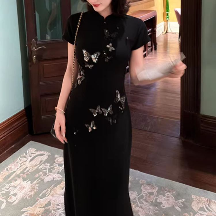 New Chinese-Style National Style [Butterfly Whisper] Butterfly Sequin Modified Cheongsam Dress for Women, Summer Waist-Cinching Long Dress