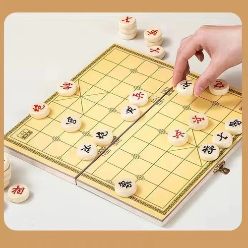 Large Wooden Chinese Chess Set with Board for Kids, High-Grade Solid Wood Pieces, Portable & Foldable Design—Wholesale for Children