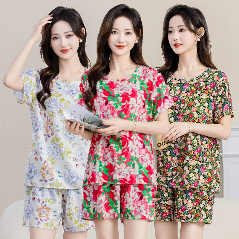 Летний хлопчатобумажный шелковый костюм для мамы 2025, новая модель, короткий рукав, тонкая домашняя одежда для женщин
