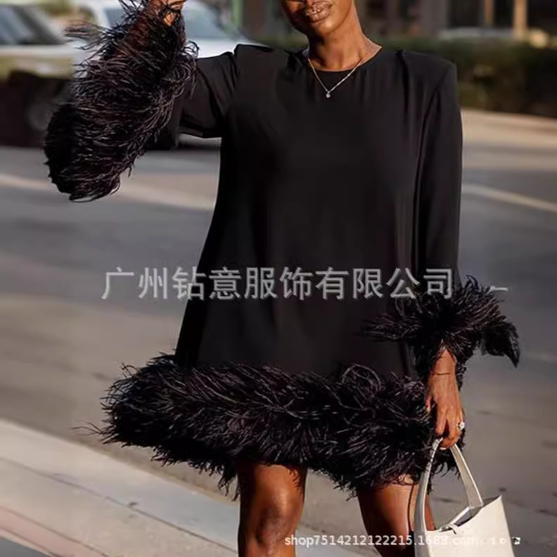 New Cross-border E-commerce Amazon Loose Casual Hem Cuff Splicing Top Solid Color Shuya Round Neck Dress