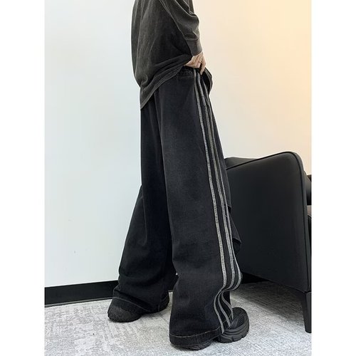 Cross-border three-stripe denim jeans for men—spring and autumn, American-style trendy brand, cool and dashing paratrooper pants, loose-fit straight-leg pleated wide-leg style.