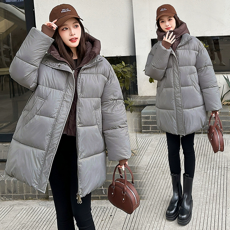 Пуховик с капюшоном и цветными блоками больших размеров, модная зимняя новинка 2025 года, модная хлопковая куртка до колена средней длины на шнурке, новая свободная повседневная хлопковая куртка