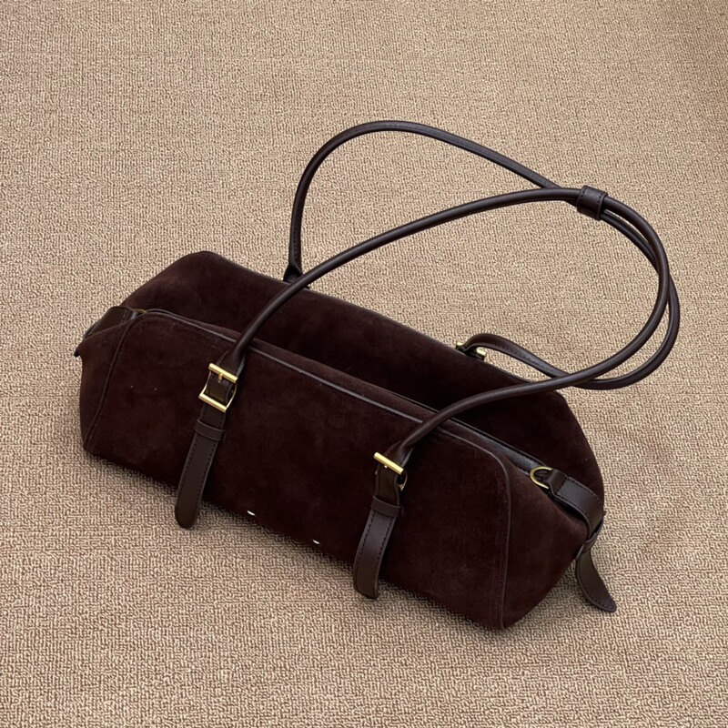 2026 New Model Boston Long Caramel Brown Suede Calfskin Shoulder Baguette Underarm Bag Medium Size Baguette Bag