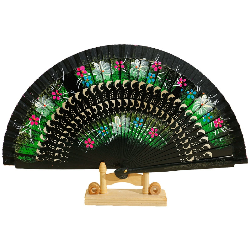 Double-sided painted wooden foldable round fan, classic cheongsam, Spain