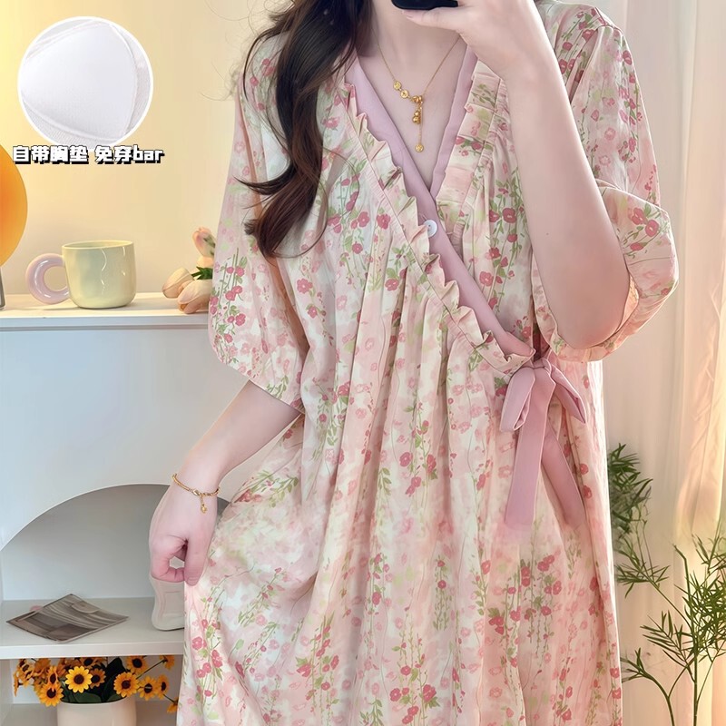 High-end Monet Garden Nightgown Women's Summer New Mid-length Nightgown Pajamas Bathing Bathrobe Home Clothes for Students