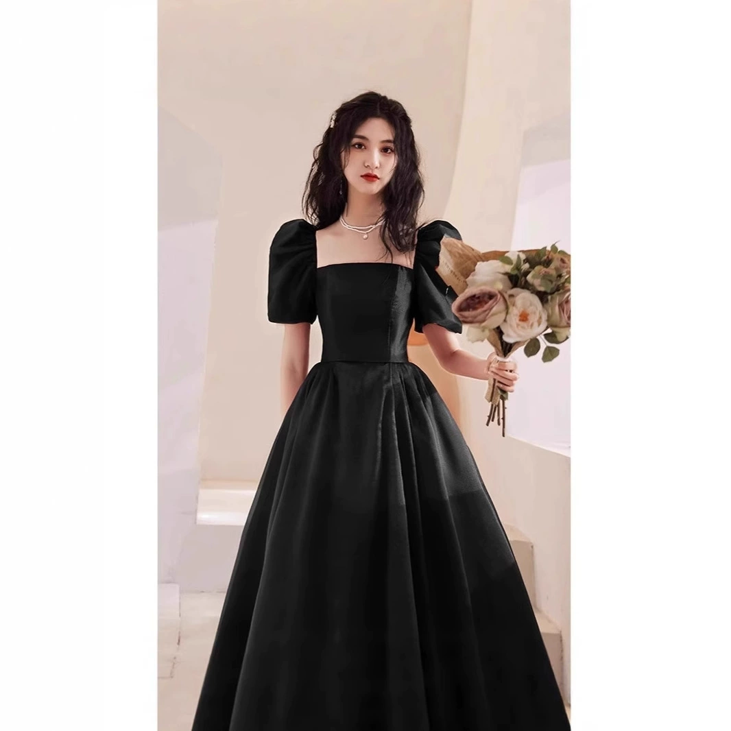 Black evening dress, long skirt, high-end, french style