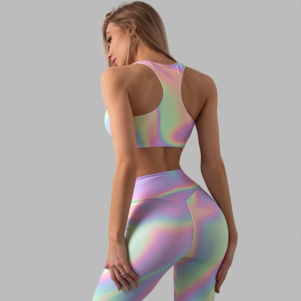 Abbigliamento da donna attillato sportivo arcobaleno sfumato stampato yoga fianchi sollevati vita alta leggings set_voghion.com