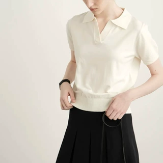 LINHUOES1复古白色polo衫短袖针织衫夏百搭通勤休闲毛衣T恤上衣女
