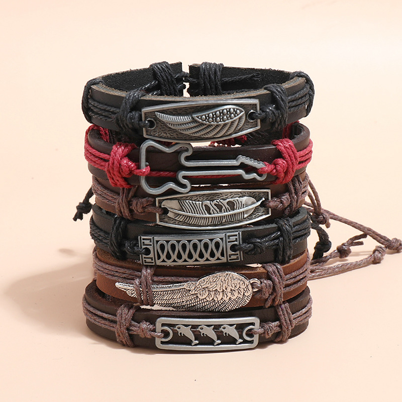 retro simple wings leaf feather woven cowhide bracelet set