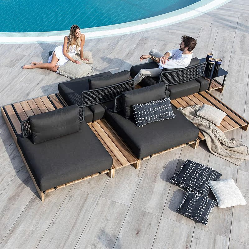 Sofá de ratán de teca al aire libre, patio, balcón al aire libre, jardín, ocio, hotel, muebles creativos de madera maciza