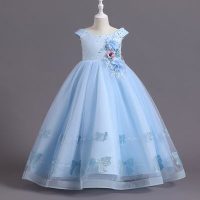 children blue pink sequined jazz dance dress jacquard printing butterfly birthday party princess dress flower girls children piano model show catwalk performance skirt for kids