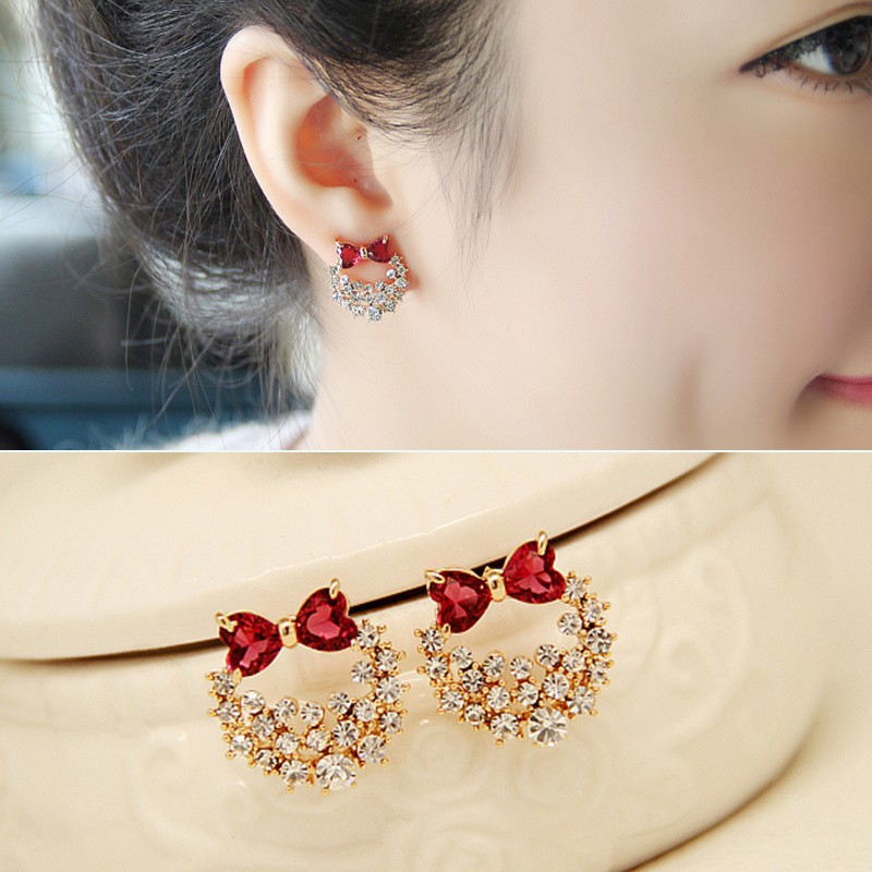 Korean bow rhinestone heart-shape alloy earrings
