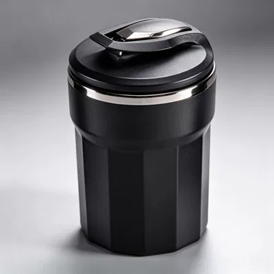 Car ashtray with LED blue light that illuminates when the lid is opened, removable and washable inner liner, metal flame-retardant car ashtray (Car ashtray) - titanium-black-h115outer-diameter-77mm