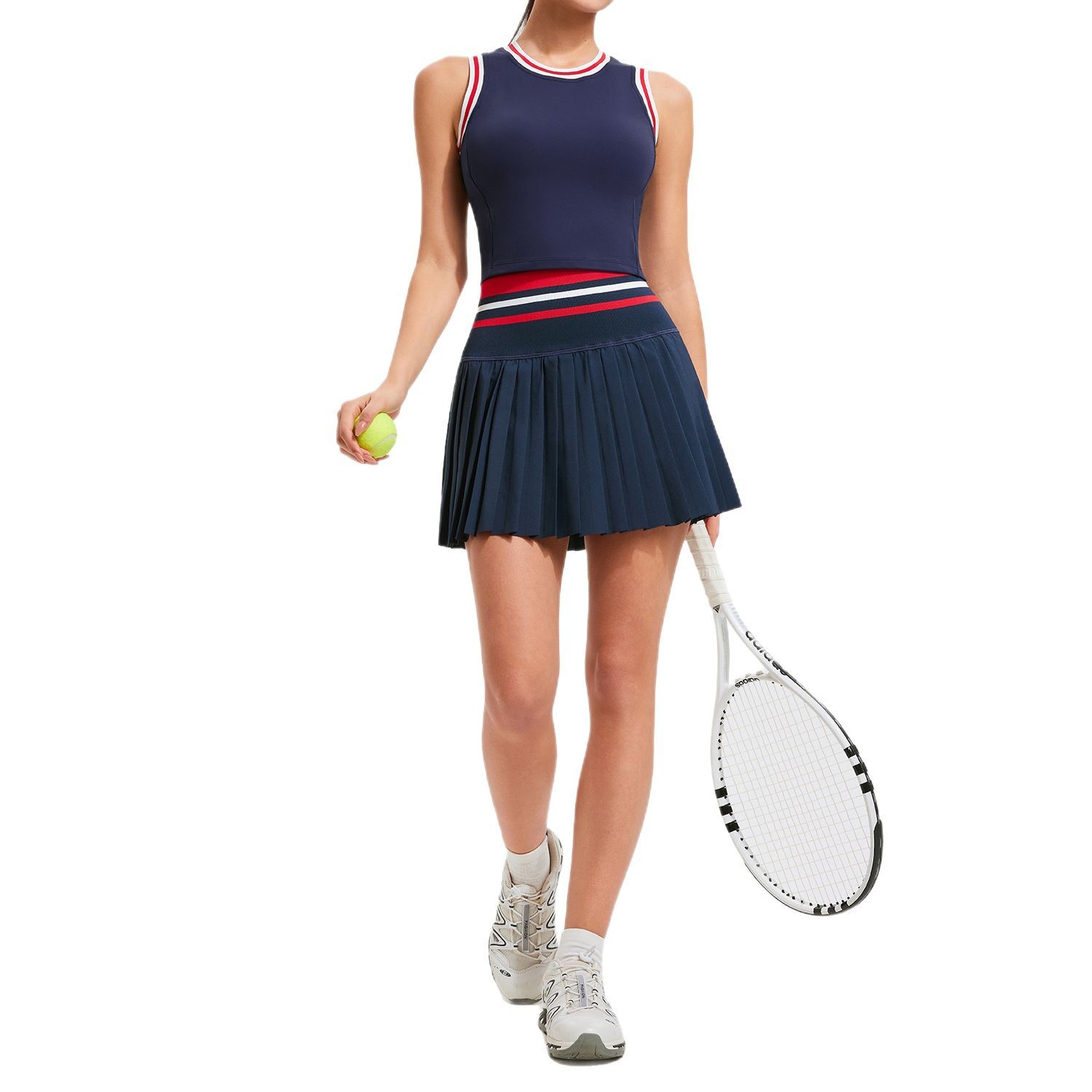 Nuevo juego de tenis de verano de cuello redondo fijo chaleco de taza cojín y cintura alta juego de falda de tenis de pliegues